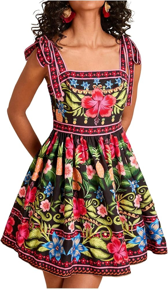 OYOANGLE Women's Floral Tropical Vacation Dress Sleeveless Boho Dress Tie Shoulder Summer Flowy M... | Amazon (US)