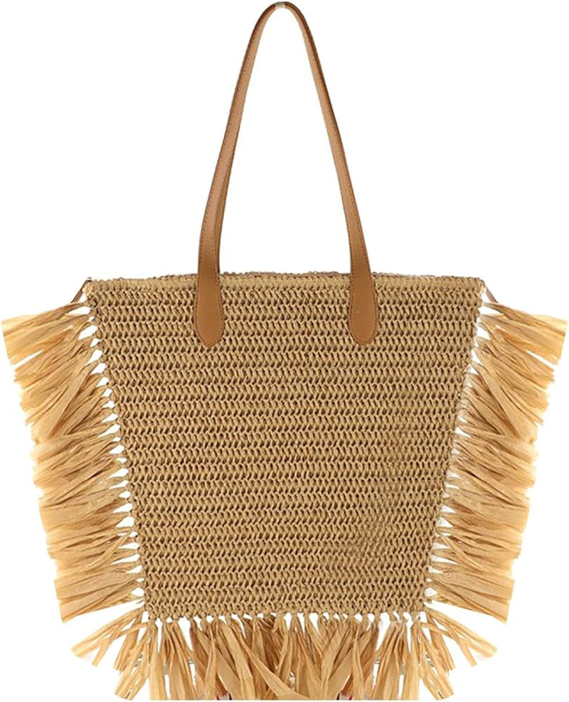 Felite Fnn Women Large Fringe Straw Woven Shoulder Bag Summer Beach Top-Handle Bag Travel Tote | Amazon (US)
