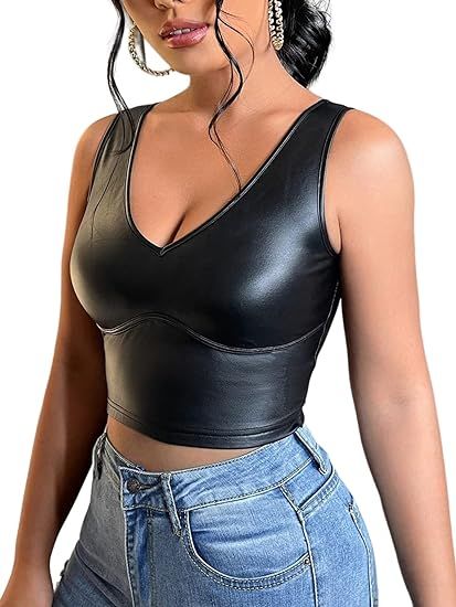 Floerns Women's PU Leather V Neck Solid Sleeveless Camisole Crop Tank Top | Amazon (US)