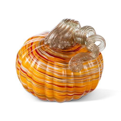 Glitzhome 5" H Hand Blown Glass Pumpkin Decor, Fall Multi Stripes Gourd Glass Pumpkin Figurine for Halloween Thanksgiving,Crystal Glass Pumpkin Tabletop Ornaments Collectible for Seasonal Home Decor | Amazon (US)