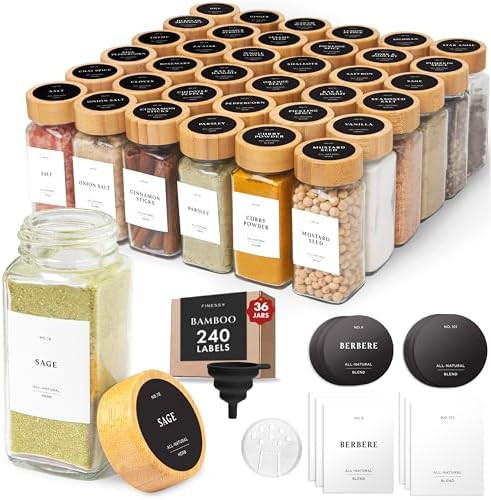 FINESSY Glass Spice Jars with Label with Bamboo Lids 36 Pack Set, 4oz Empty Clear Glass Spice Bot... | Amazon (US)