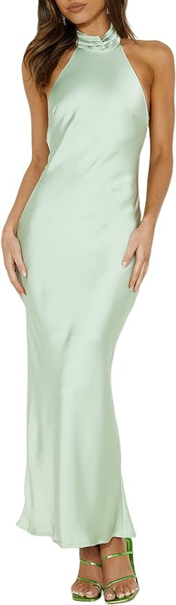 Phicia Sexy Satin Halter Neck Backless Maxi Dress for Women Elegant Tie Cowl Back Formal Wedding ... | Amazon (US)