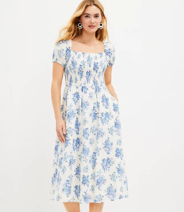 Floral Smocked Puff Sleeve Midi Pocket Dress | LOFT