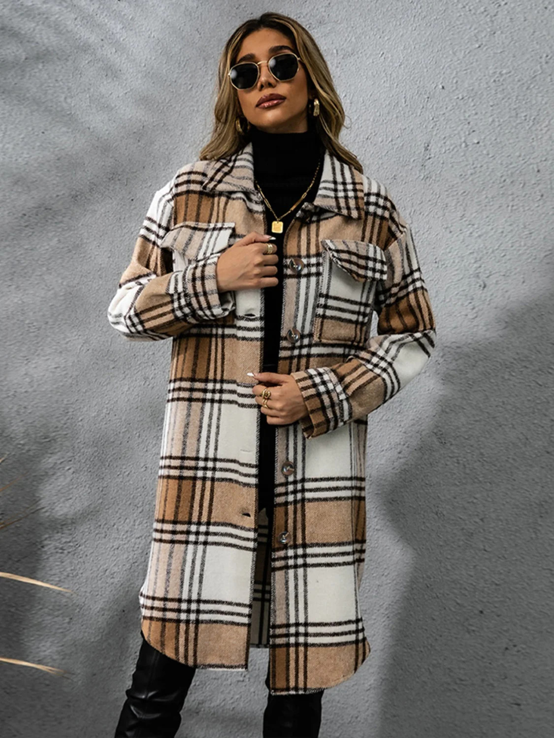 Plaid Collared Neck Long Sleeve Coat Black / S | Casual Chic Boutique