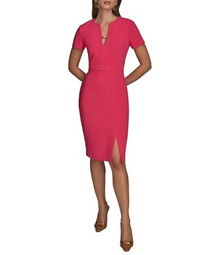 Cady Crepe Split V-Neck Short Sleeve Sheath Midi Dress | Dillard's