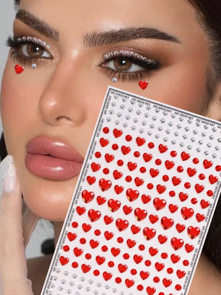 1pc Multicolor Large Red Heart & Assorted Silver/White Rhinestone Face Gems Decor, Y2K Festival Makeup Party Daily Attire DIY, Applicable For Hair, Eyes, Face, Body Decoration | SHEIN