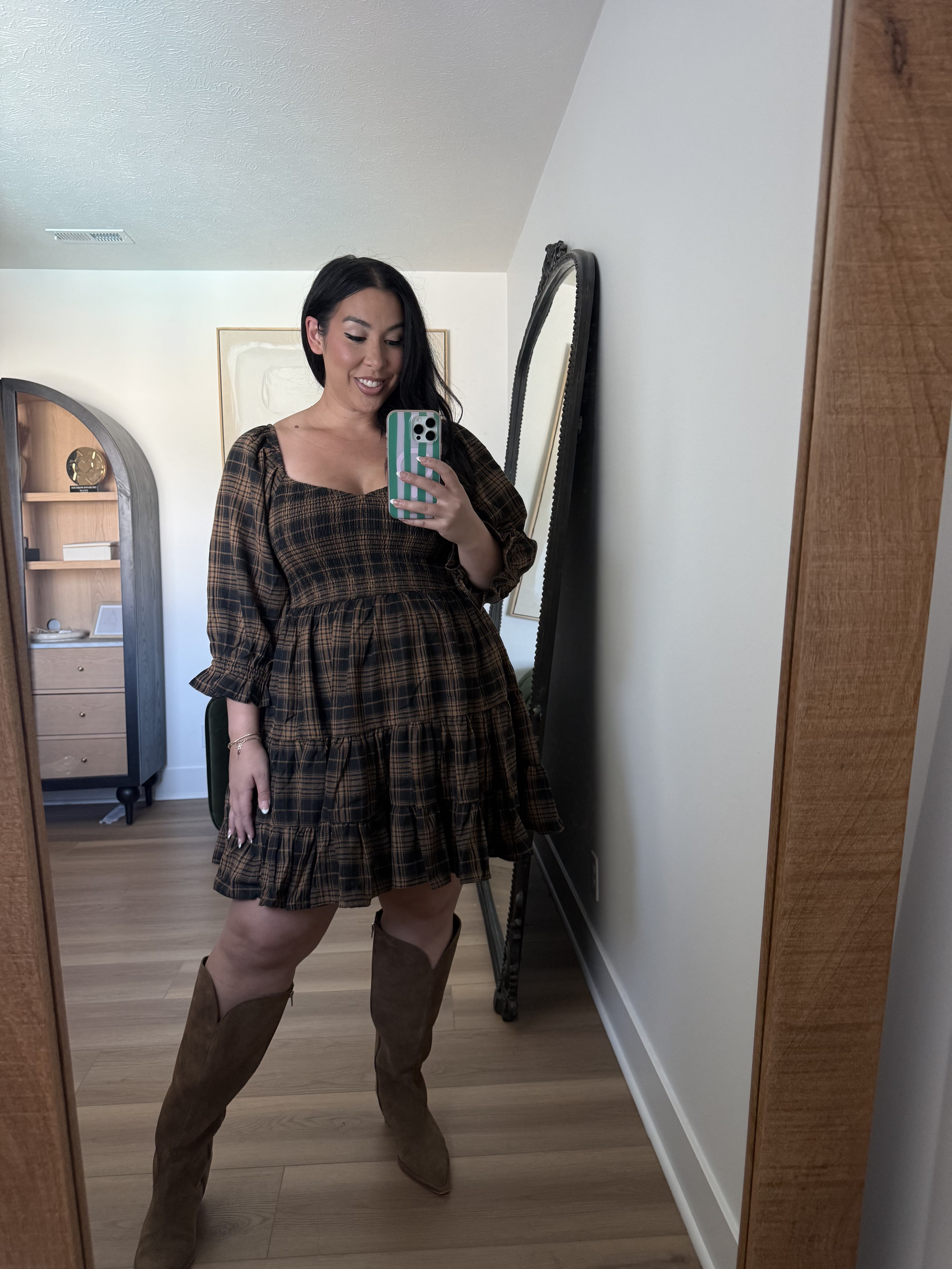Obsessed with this dress! Soft belly, thick thigh friendly + this smocking is everything! Wearing an XL! lulus, plaid dress, fall style, fall fashion, midsize, curvy friendly 

 #LTKSeasonal #LTKMidsize