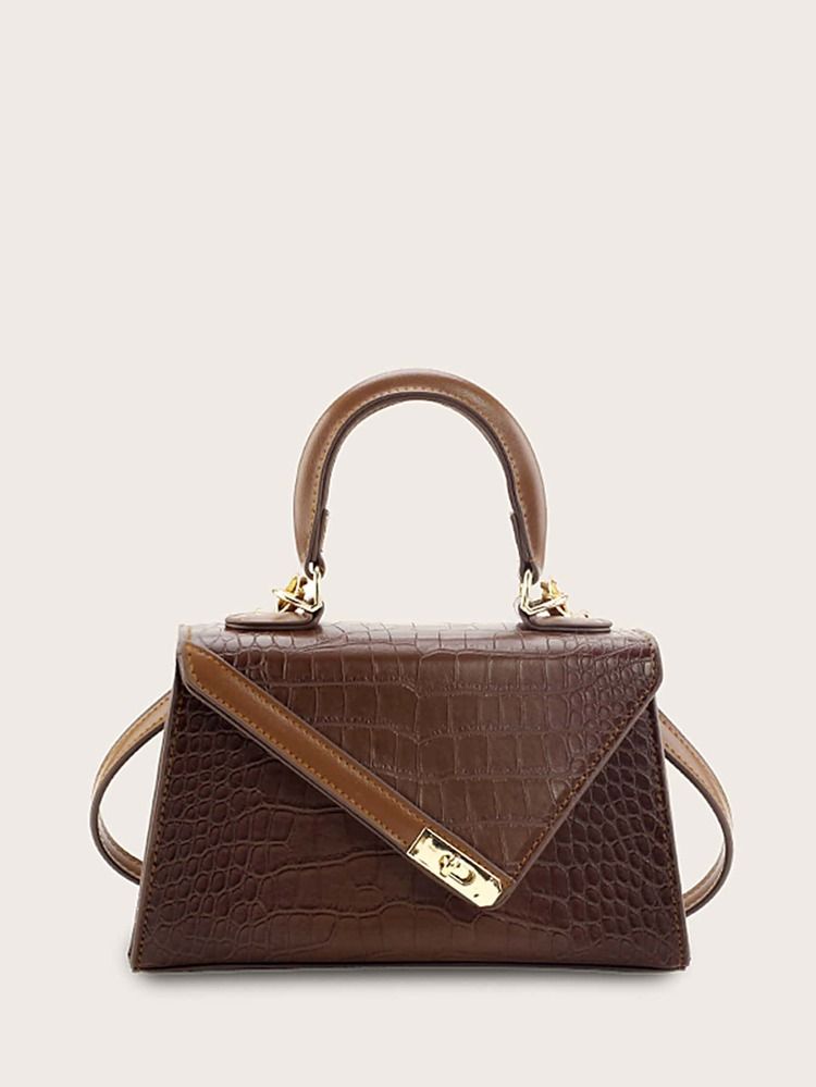 Croc Embossed Twist Lock Flap Satchel Bag | SHEIN