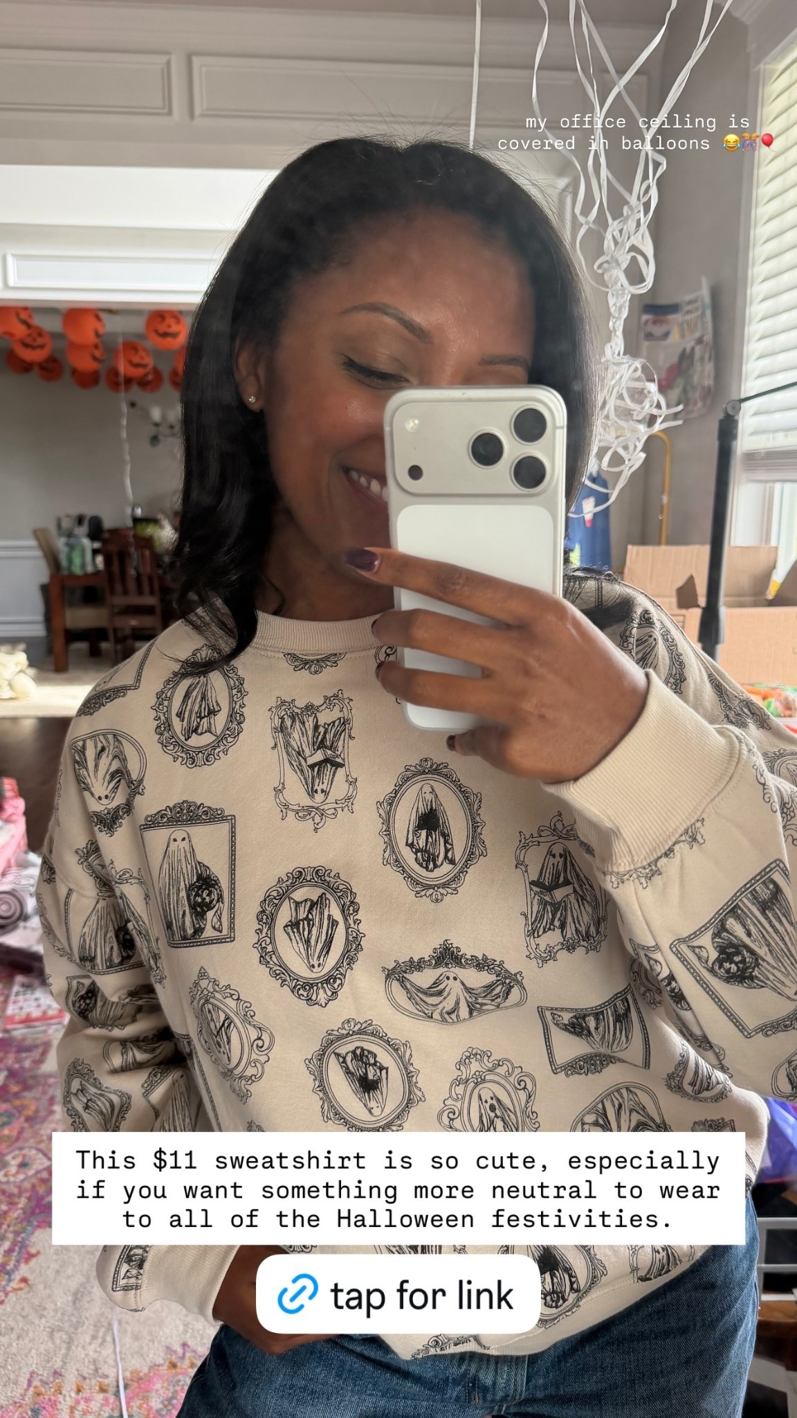 my office ceiling is covered in balloons 😂🎊🎈 This $11 sweatshirt is so cute, especially if you want something more neutral to wear to all of the Halloween festivities.