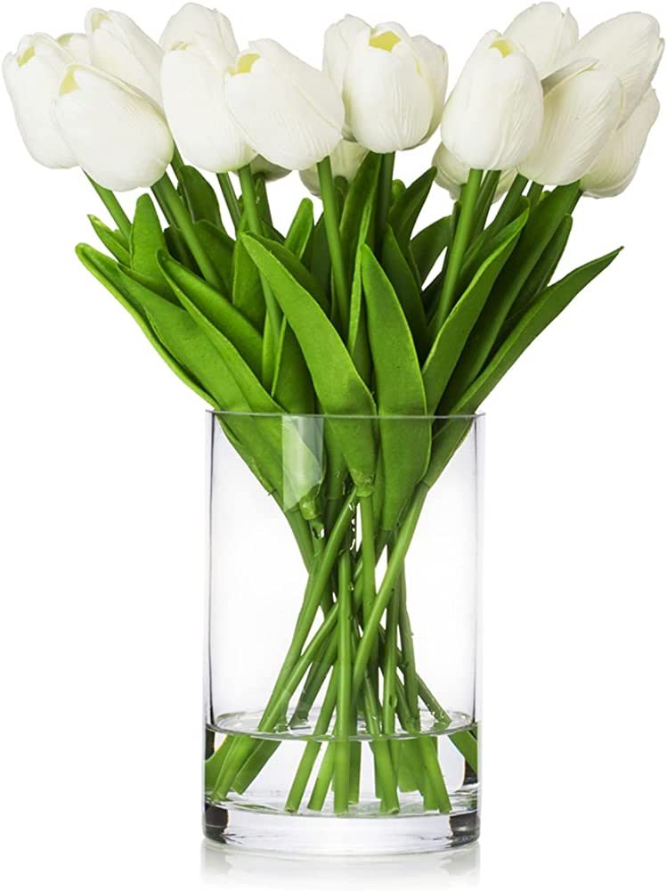 ENOVA FLORAL 20 Heads White Tulips Real Touch Artificial Flowers in Vase, Fake Tulips Flowers wit... | Amazon (US)