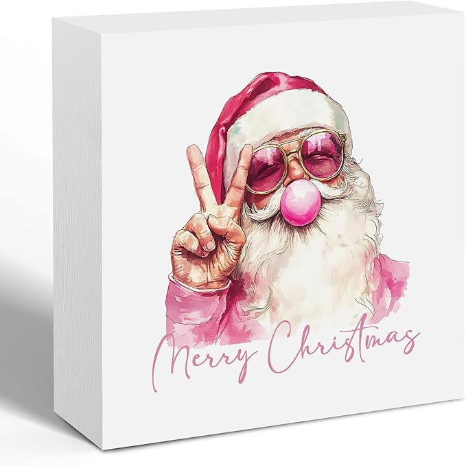 Funny Pink Christmas Santa Wooden Box Sign, Pink Christmas Desk Decor, Trendy Retro Xmas Santa Wi... | Amazon (US)