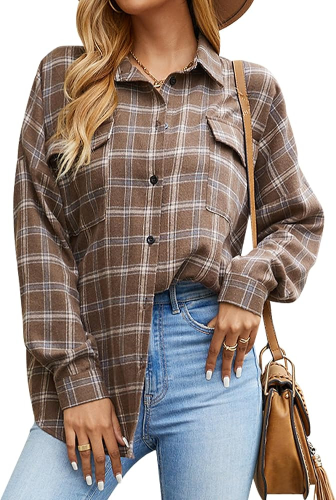 Blooming Jelly Womens Flannel Shirts Plaid Shacket Button Down Long Sleeve | Amazon (US)