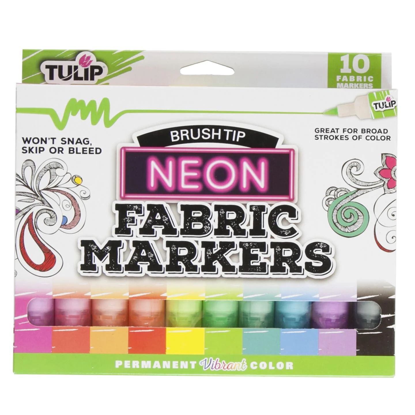 Tulip Fabric Markers Brush Tip 10 Pack Neon, Permanent, Assorted Colors | Walmart (US)