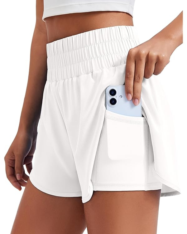 PINSPARK Women's 2 in 1 Running Shorts High-Split Athletic Short High Waisted 3" Liner Workout Gy... | Amazon (US)