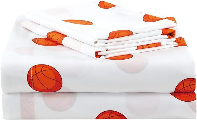 Chezmoi Collection 3-Piece Kids/Teens Sports Sheet Set - Soft Microfiber White Orange Basketball,... | Amazon (US)