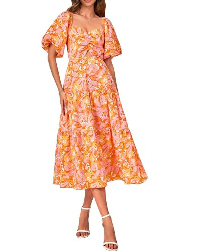 BTFBM Women Summer Dresses 2024 Casual Flowy Beach Square Neck Puff Short Sleeve Smocked Back Boh... | Amazon (US)