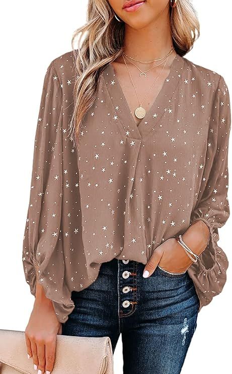 BLENCOT Womens Casual Long Sleeve V Neck Blouse & Tops Loose Tunic Summer Printed Shirts Blouses | Amazon (US)