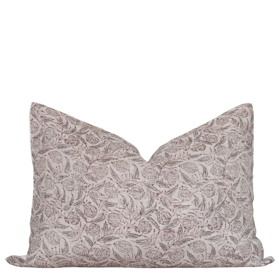 Irene Floral Block Printed Pillow Cover | Burgundy, Muted Sage Green + Greige | Lumbar | Apartment No.3