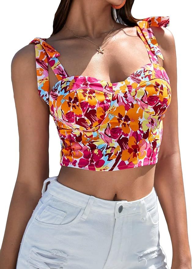 MakeMeChic Women's Summer Floral Sleeveless Tie Shoulder Shirred Corset Bustier Crop Tank Top | Amazon (US)