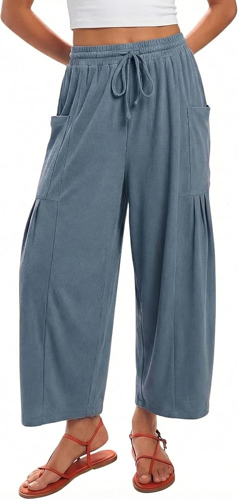 Athlisan Womens Casual Wide Leg Pants Drawstring Elastic Waist Palazzo Pants Baggy Lounge Trouser... | Amazon (US)