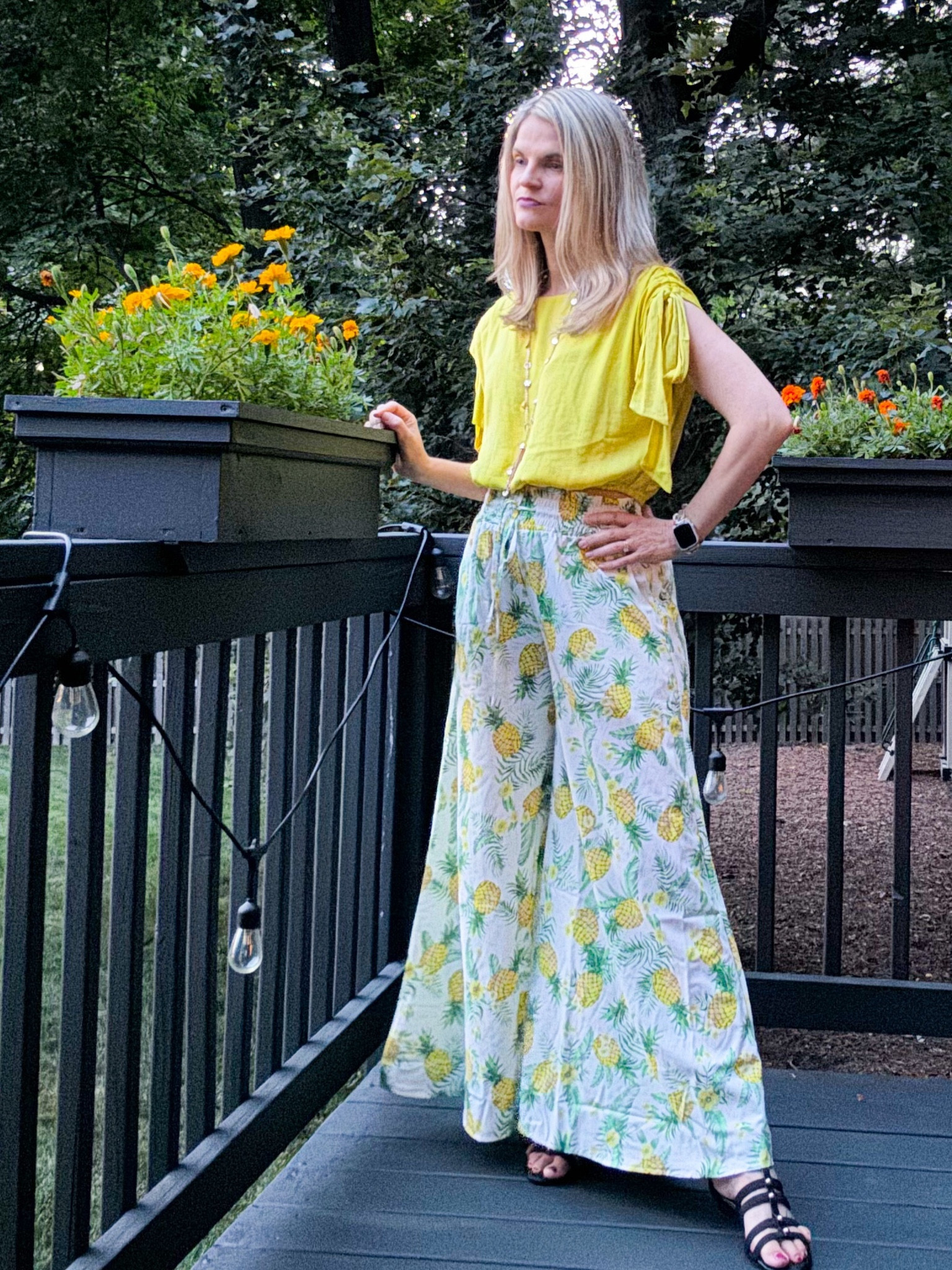 These pineapple print pants might look almost like a skirt but they are a comfy summer find. Work with flats or heels to dress up a touch!

#LTKfindsunder50 #LTKover40 #LTKstyletip