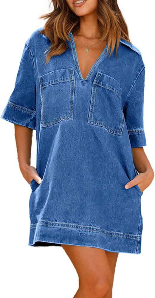 chouyatou Women's Summer Loose Fit V-Neck Sexy Mini Denim Dress Cute Jean Tunic Dress with Pocket... | Amazon (US)