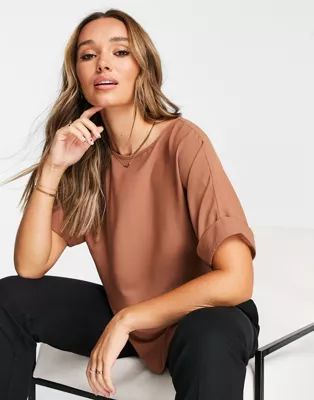 ASOS DESIGN oversized woven tee with roll sleeve in taupe | ASOS (Global)