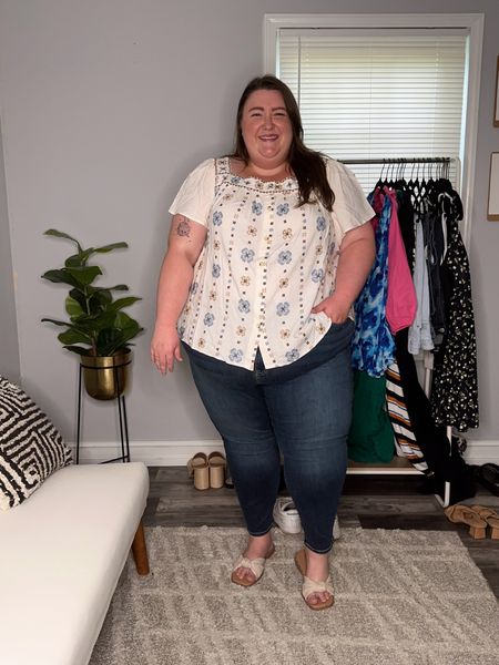 Plus Size Teacher Outfits! Caroline is wearing a pair of Torrid jeggings in a size 30 (she always sizes up in Torrid denim), an embroidered button-front blouse in a size 5 (28), and a pair of wide width sandals all from Torrid! This look is perfect for casual Friday!

#LTKBacktoSchool #LTKcurves #LTKSeasonal