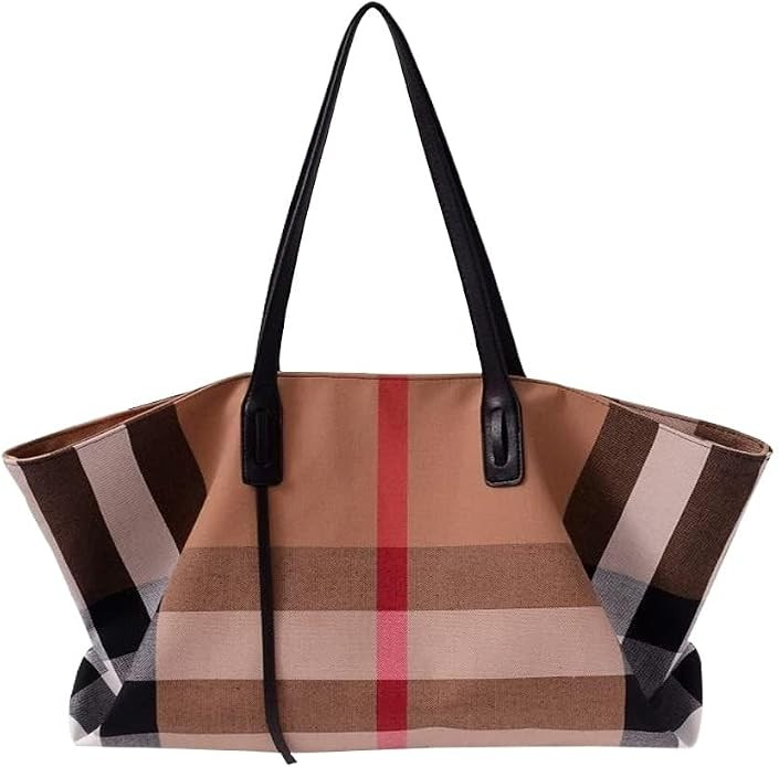 Designer Inspired Plaid Tote Bag for Women, Canvas Work Tote Bag with Zipper, Large Travel Tote P... | Amazon (US)