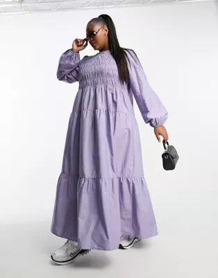 ASOS DESIGN Curve cotton shirred maxi smock dress with puff sleeve in lilac | ASOS (Global)