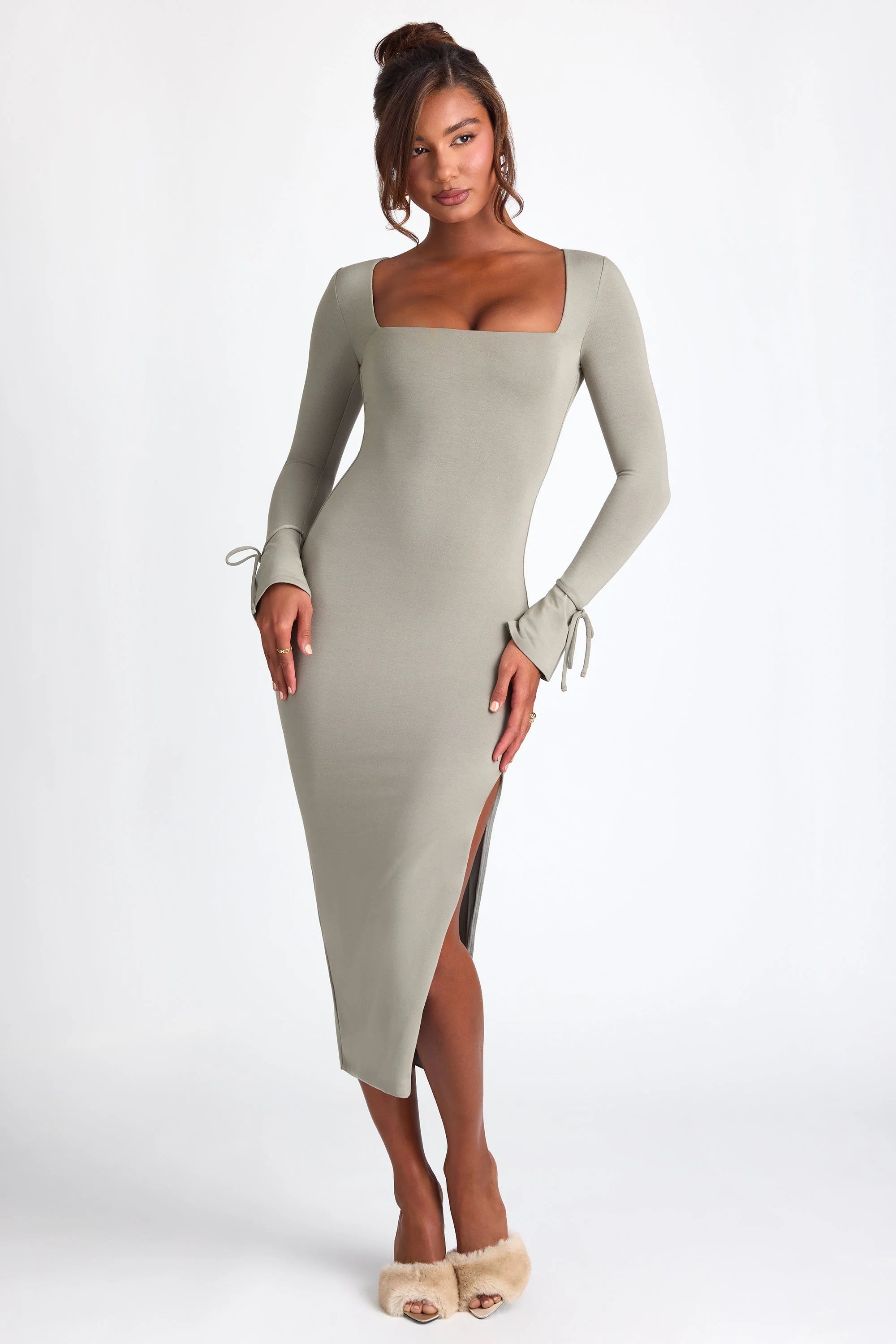 Modal Square Neck Long Sleeve Midaxi Dress in Sage Green | Oh Polly