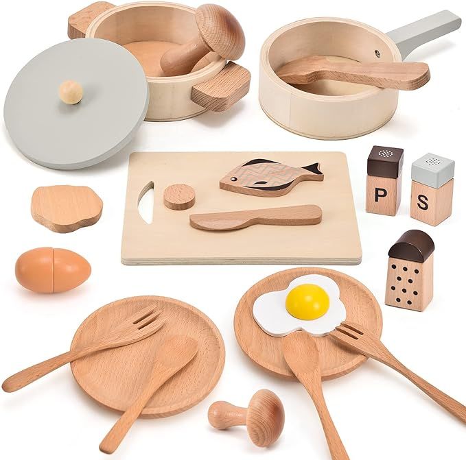 Atoylink Play Kitchen Accessories Wooden Toys Pots and Pans for Kids 23Pcs Montessori Kitchen Pre... | Amazon (US)