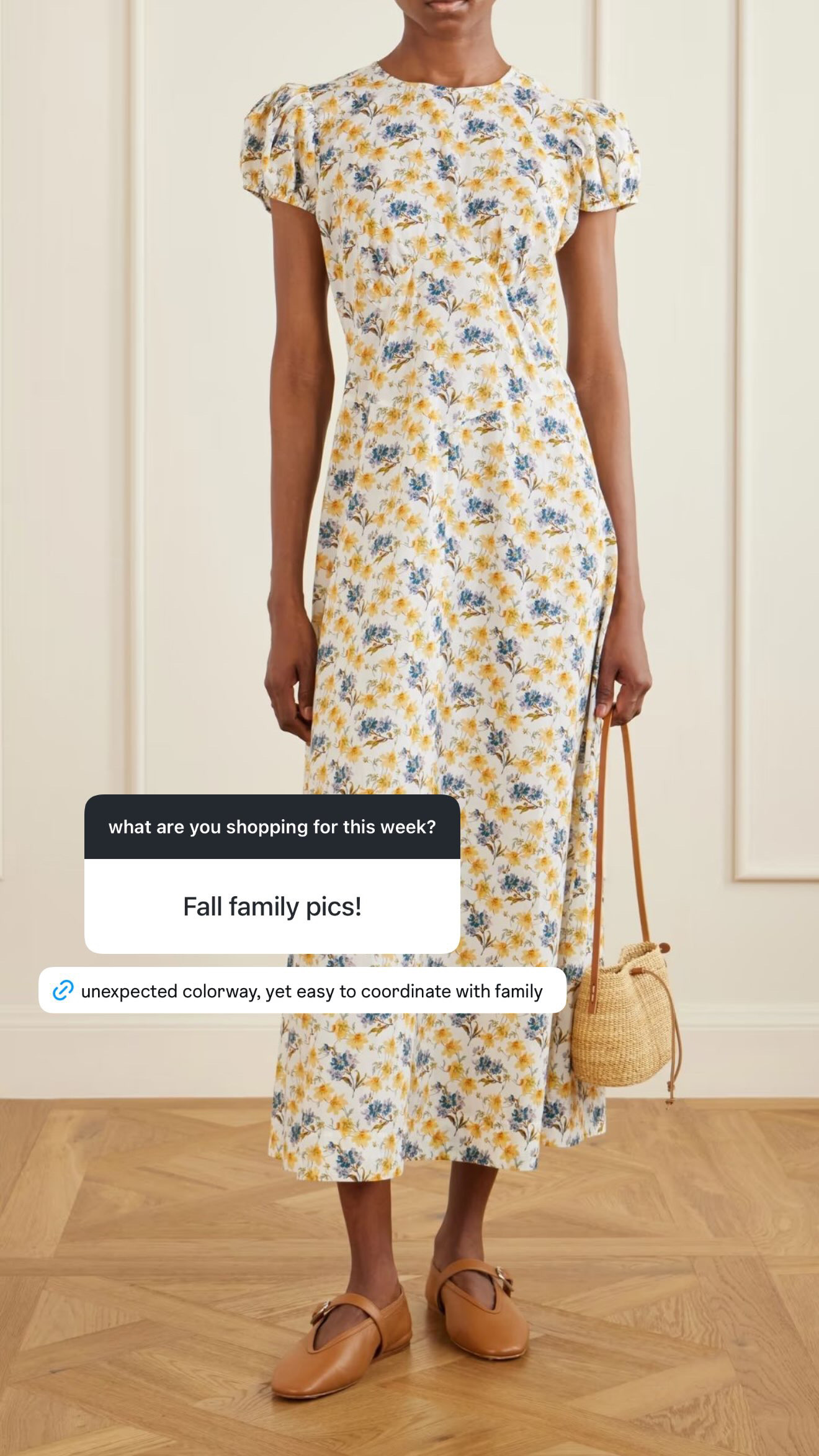 such a pretty option for fall family photos! the soft blue + golden yellow floral feels a little unexpected for fall, but still gives you so many easy colors to pull from when coordinating everyone else.

i love the feminine puff sleeves + simple midi shape, and it would be so easy with tan flats or boots depending on the setting. such a good option if you want something that feels seasonal without going full brown + burgundy.  

 