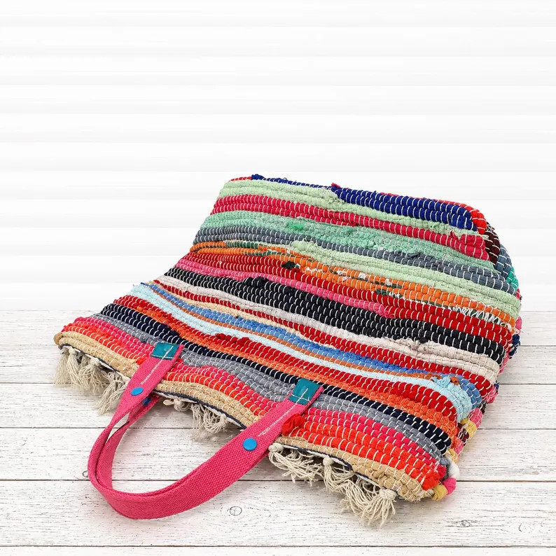 Large Recycled Fabric Tote Bag \u00b7 Handwoven Textile Shopper \u00b7 One of a Kind Piece \u00b7... | Etsy (Global)