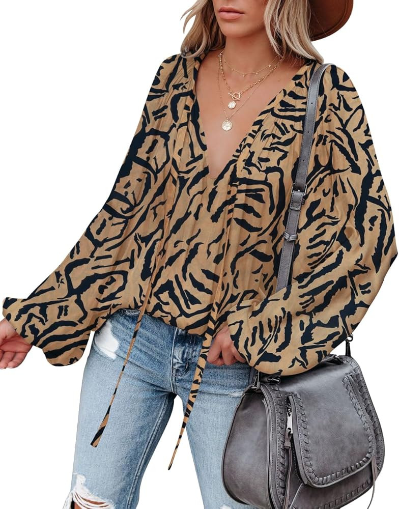 LAMISSCHE Womens Sexy Deep V Neck Blouse Lantern Long Sleeve Chiffon Shirt Oversized Drawstring S... | Amazon (US)