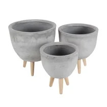 Decmode Set of 3 Contemporary 12, 15 and 16 Inch Fiberclay Planters With Wooden Stands, Light Gra... | Walmart (US)