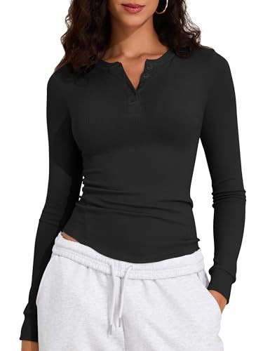 PrettyGuide Women's Long Sleeve Tshirt Sexy Henley Shirts Button Ribbed Knit Base Tops Slim Fitted Black S | Amazon (US)