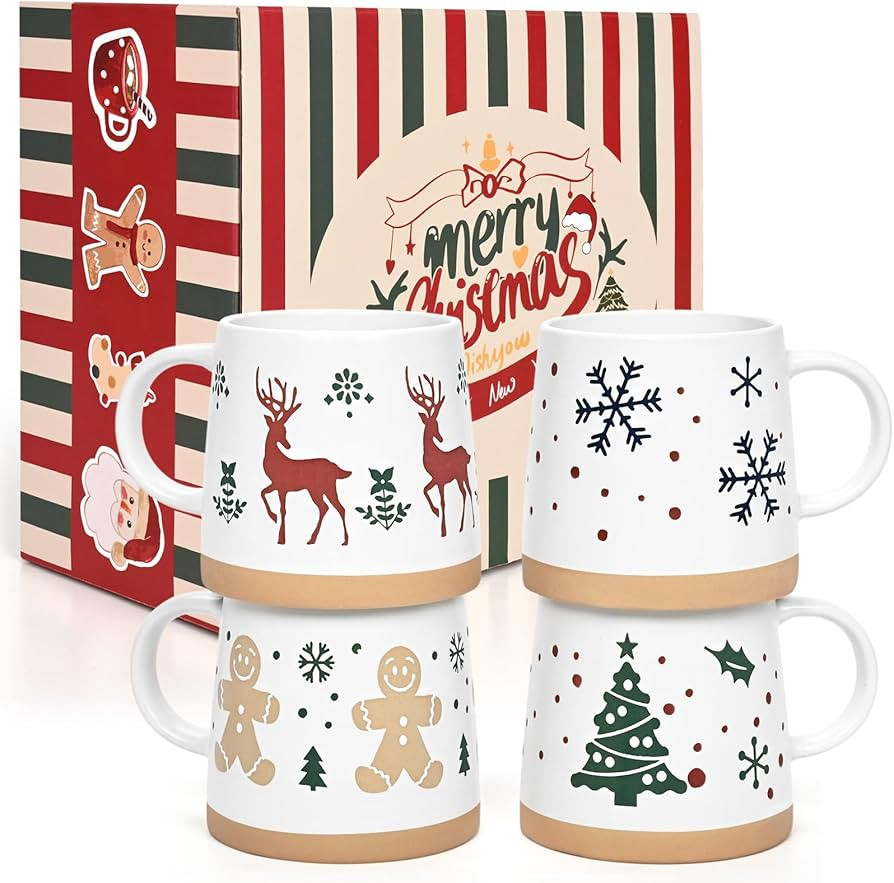 Maustic Christmas Mugs, Christmas Coffee Mugs Set of 4, Holiday Mugs with Festive Christmas Theme... | Amazon (US)