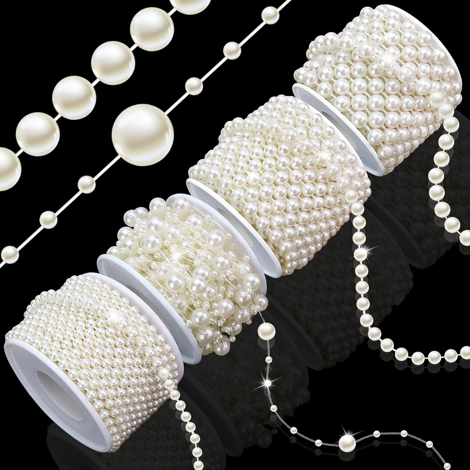 4 Rolls 76 Feet Pearls String Garland, Faux Pearl Beads Roll Strand for Crafts, Artificial Pearls Chain Trim for Wedding Party Flower Valentine Christmas Decoration, 4mm 6mm 8mm 8+3mm, Ivory | Amazon (US)