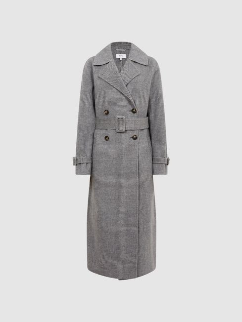 Reiss Grey Alexa Belted Blindseam Checked Trench Coat | Reiss UK