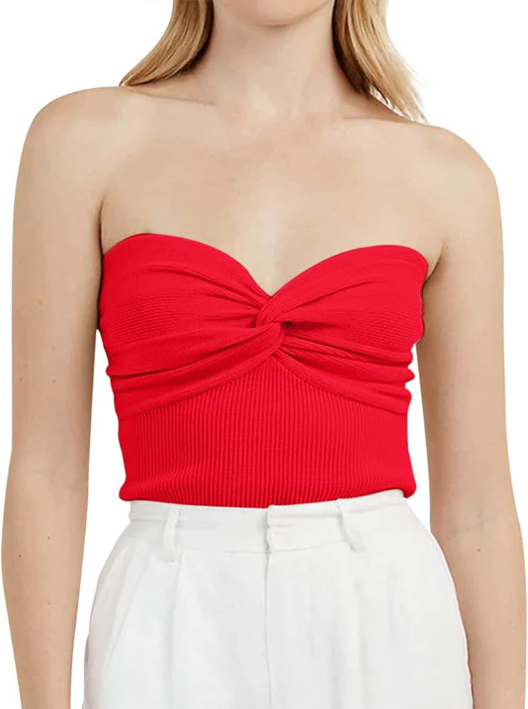 MISSACTIVER Women Twist Knot Front Knit Tube Tank Top Sleeveless Off Shoulder Strapless Crosscris... | Amazon (US)