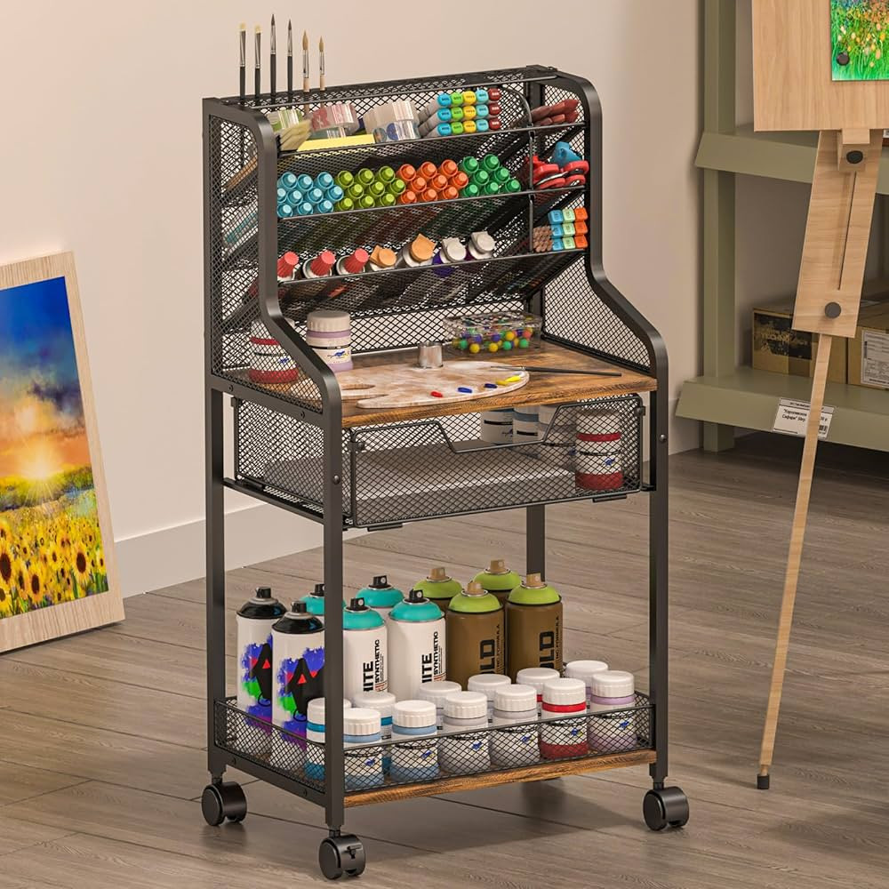 Small Rolling Utility Cart with Drawer, Metal Craft Storage Cart with Lockable Wheel, Versatile A... | Amazon (US)