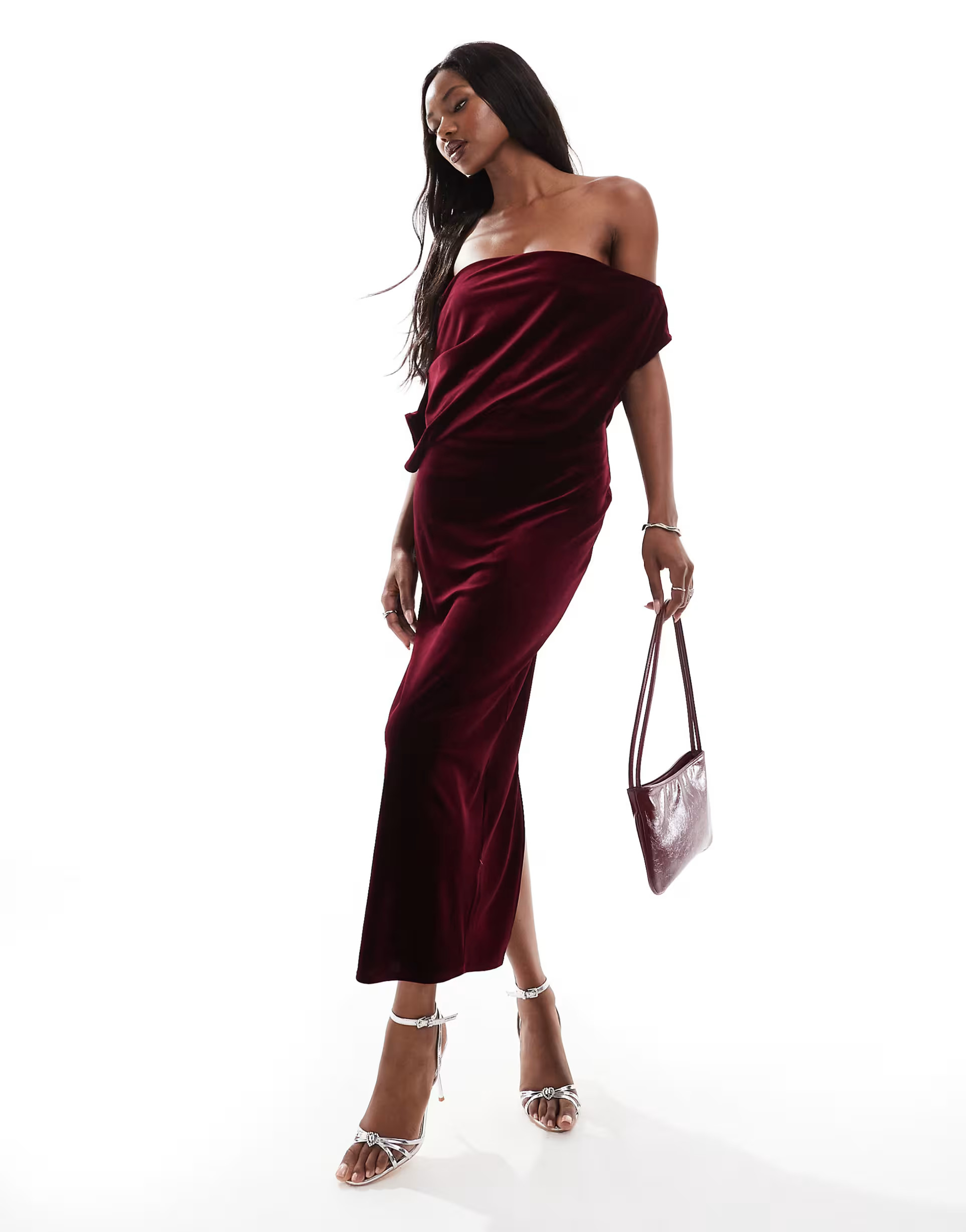 ASOS DESIGN dramatic neckline velvet midi dress in burgundy | ASOS (Global)