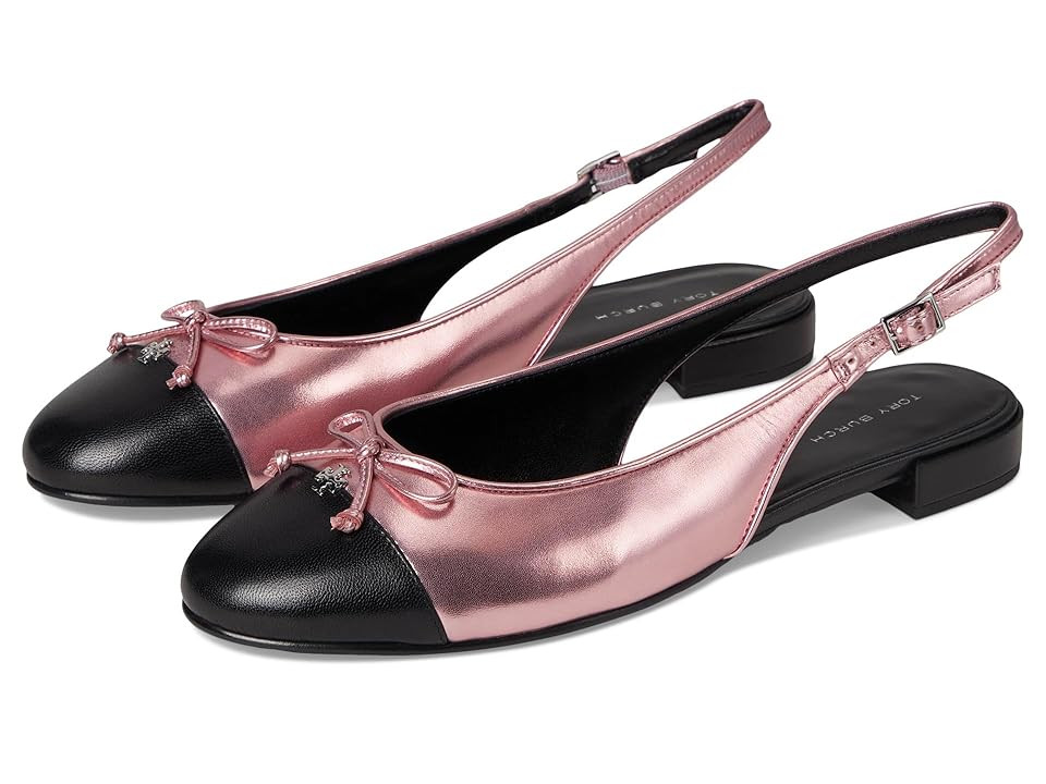 Tory Burch Cap-Toe Slingback Ballet Women's Flat Shoes Pink Etoile/Perfect Black : 5 M, Leather | Zappos
