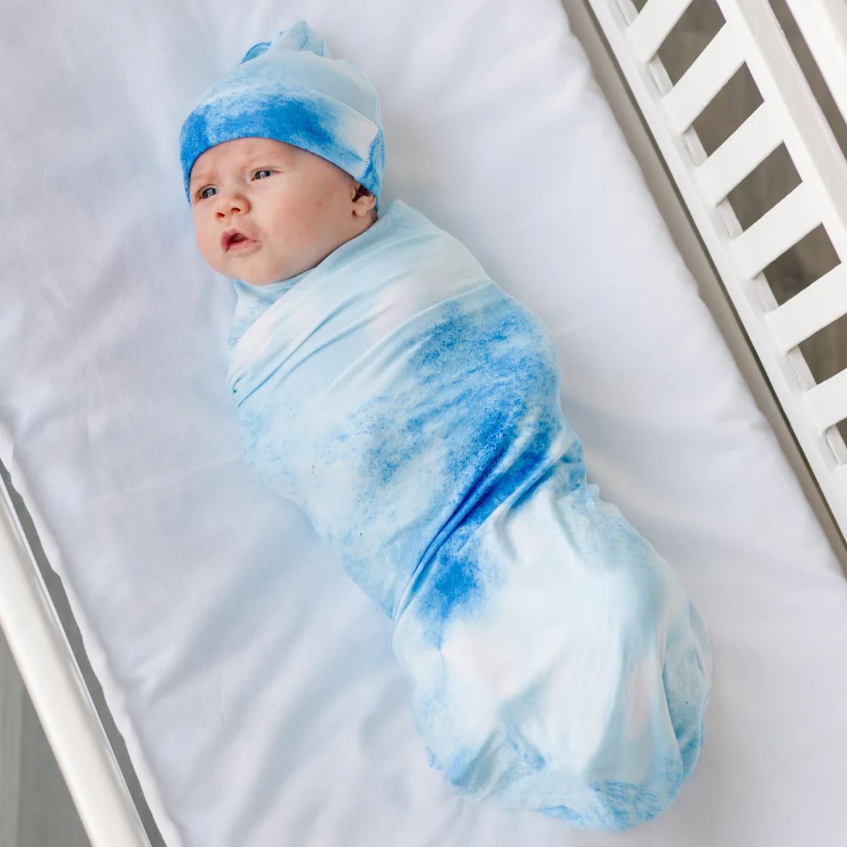 Blue Watercolor Bamboo Viscose Swaddle + Hat Set | Little Sleepies