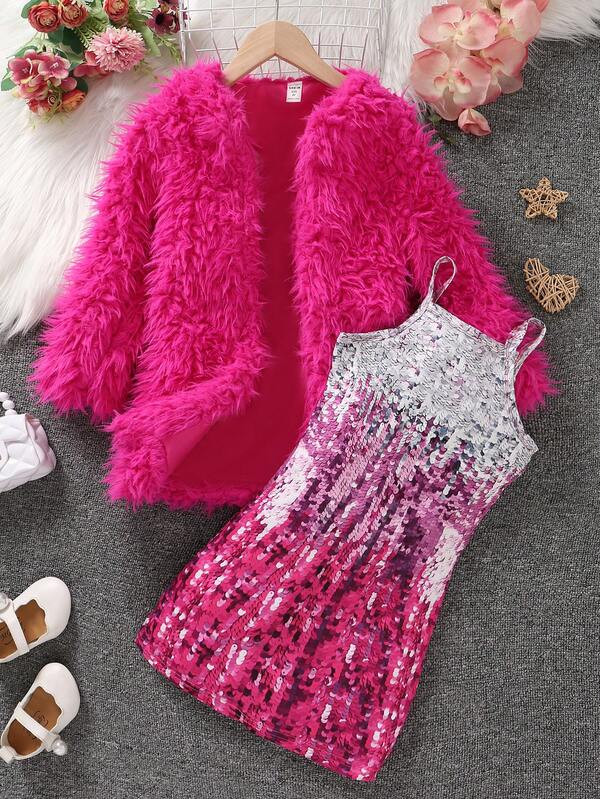 SHEIN Kids HYPEME Young Girl Open Front Fuzzy Coat & Graphic Print Cami Dress | SHEIN