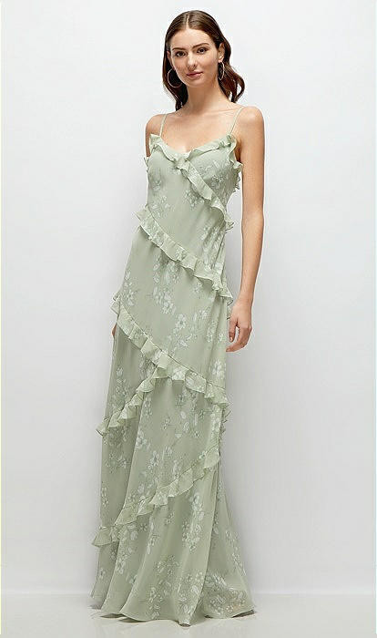 Asymmetrical Ruffle Chiffon Bias Slip Maxi Dress in Vintage Primrose Sage | Dessy Group
