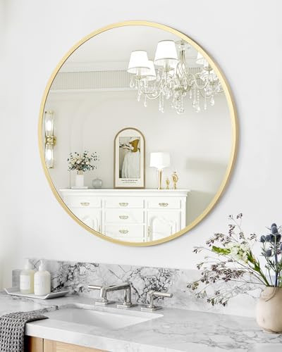Round Mirror, 24 inch Circle Mirror, Gold Metal Frame Round Mirror for Wall, Round Bathroom Mirror for Wall Decor, Round Wall Mirror for Entryway, Hallway, Vanity, Easy to Install | Amazon (US)