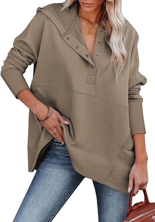 AlvaQ Women Casual Button V Neck Hoodies Oversized Pullover Sweatshirt Hooded Tops with Pockets | Amazon (US)