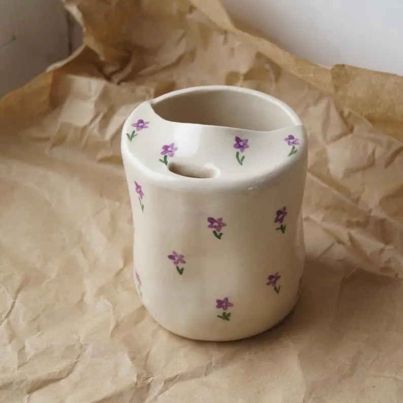 Travel Ceramic Cups, Handmade Ceramic Travel Mug with Lid Flower: To Go Sippy Mug No Handle Half ... | Etsy (Global)
